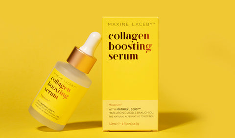 Image of yellow Absolute Collagen bottle leaning against yellow Absolute Collagen box against a yellow background